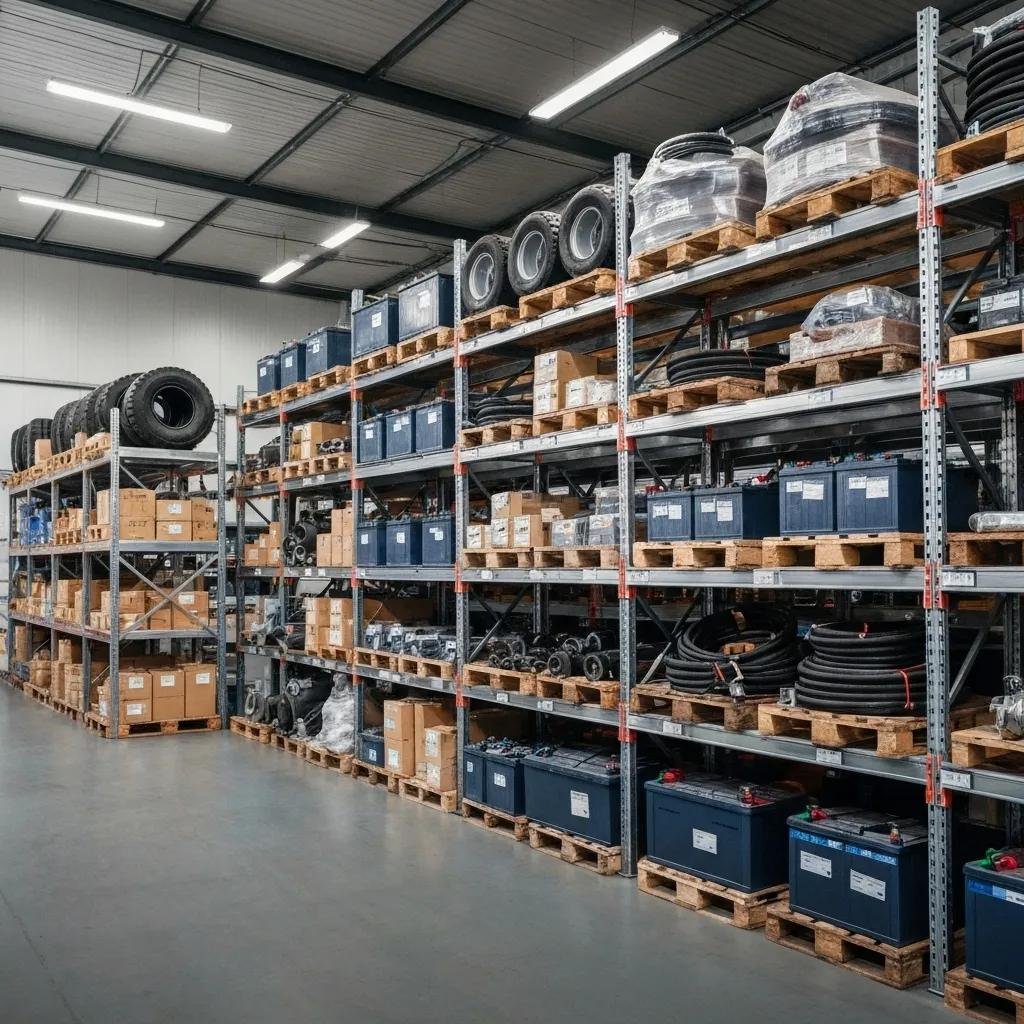 Warehouse filled with bulk forklift parts showcasing variety and cost-effective maintenance options