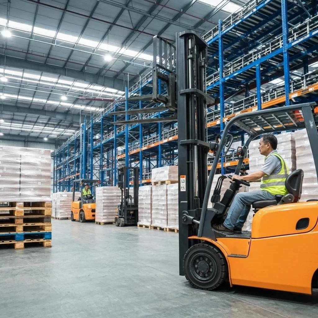 Forklift in a warehouse highlighting essential parts and warranty coverage