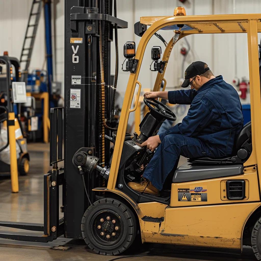 Technician performing preventative maintenance on a forklift, emphasizing warranty validity