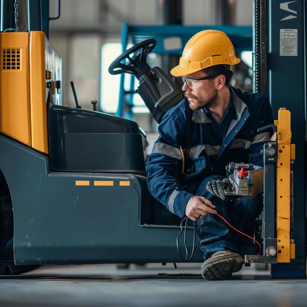 Technician performing preventative maintenance on a forklift in a garage