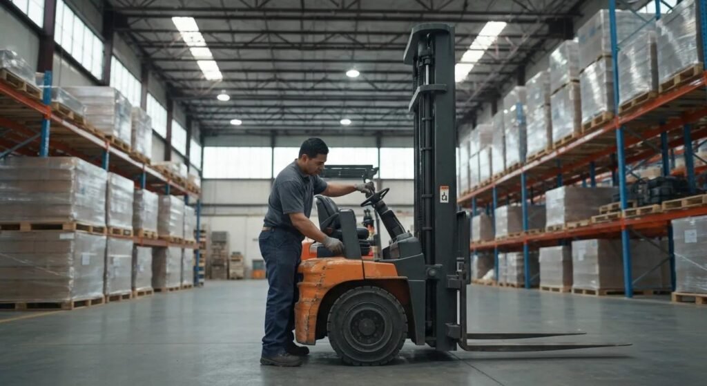 Technician repairing a forklift in a Houston warehouse, emphasizing maintenance and operational efficiency