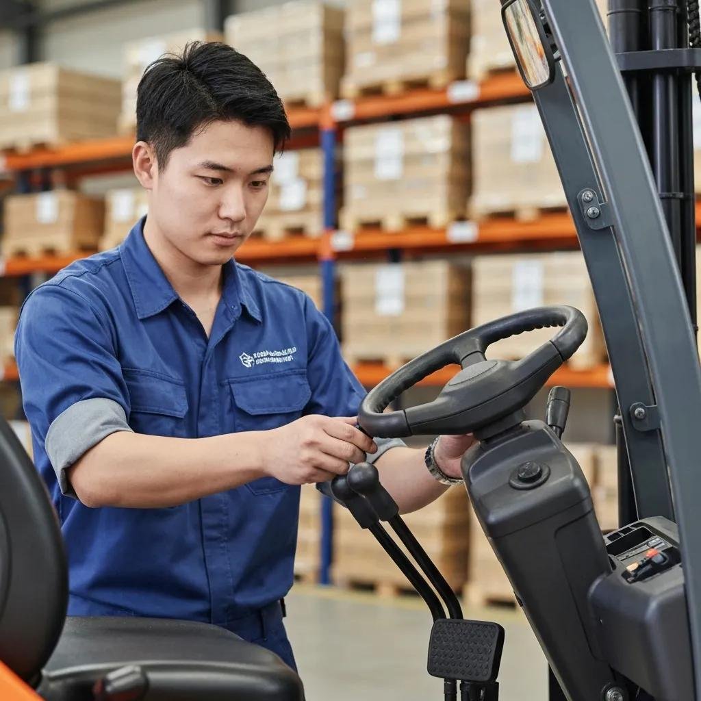 Close-up of forklift steering wheel and brake pedal being inspected for maintenance