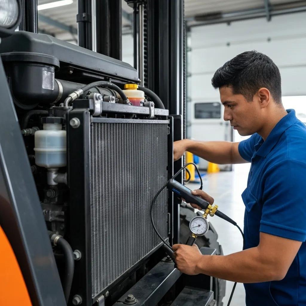 Forklift engine inspection for overheating issues in a maintenance shop