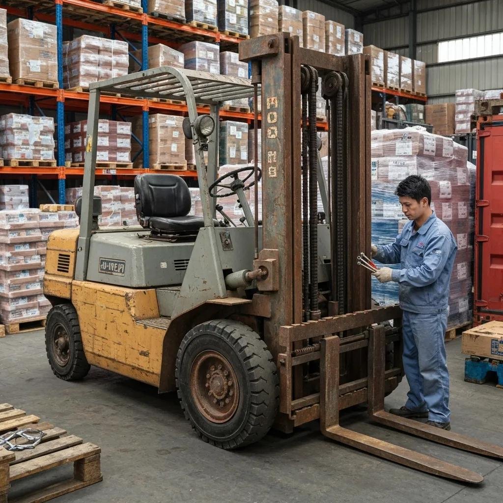 Forklift maintenance in a warehouse with a technician working on equipment