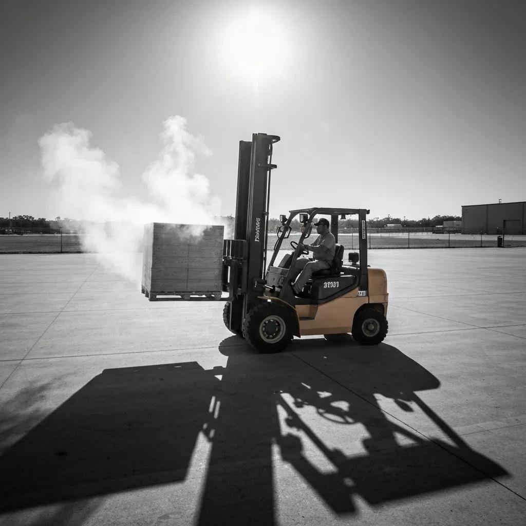 Forklift operating in hot and humid Houston climate, showcasing environmental challenges for equipment performance