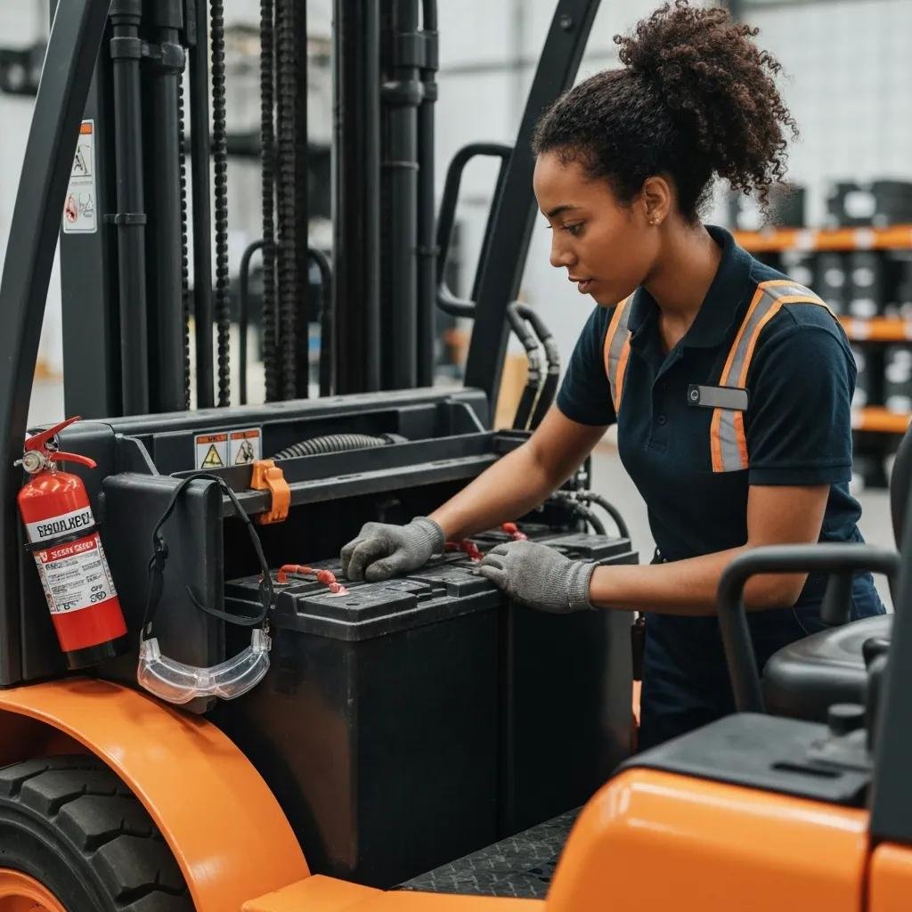 Forklift technician inspecting battery in a Houston warehouse