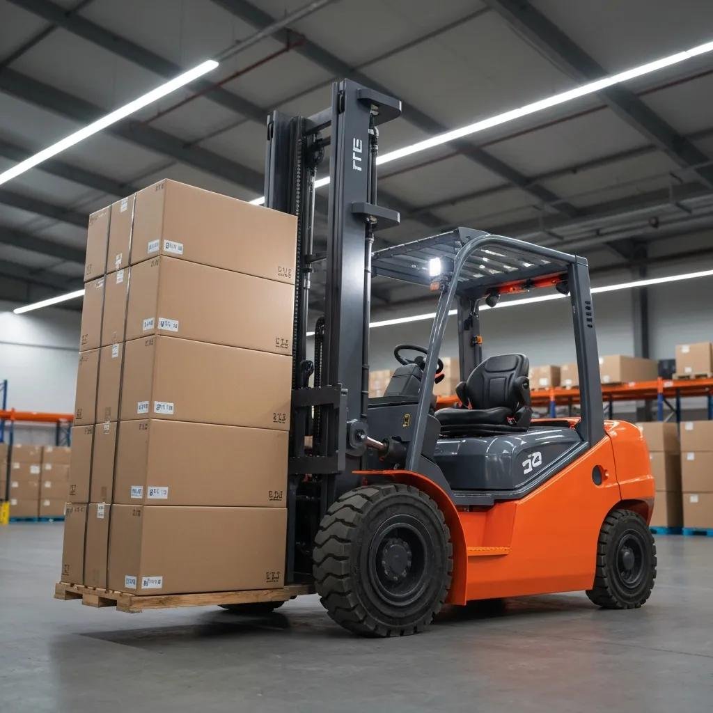 Modern forklift lifting a pallet in a warehouse, representing forklift warranty coverage