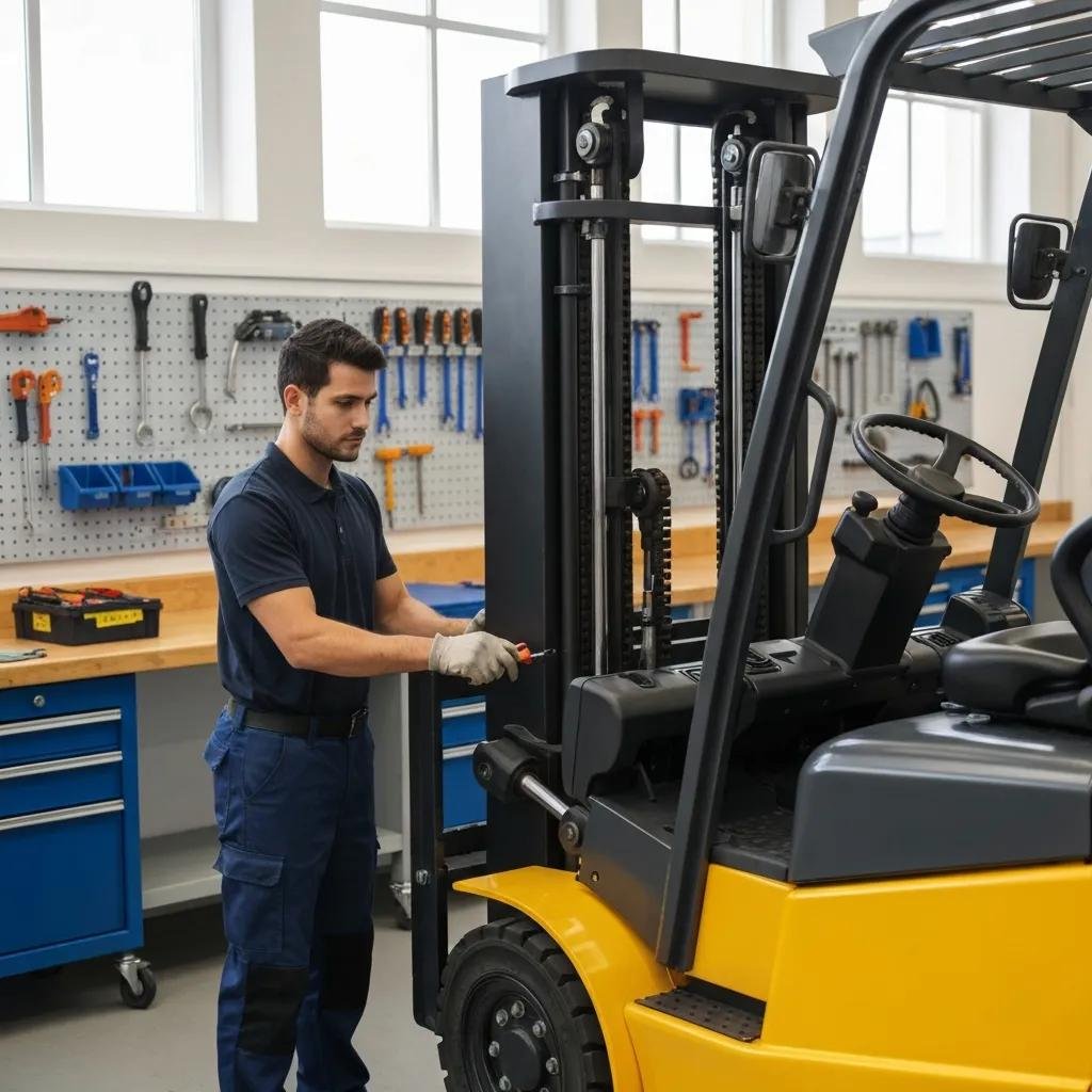 Technician conducting regular maintenance on a forklift, illustrating preventive service tasks