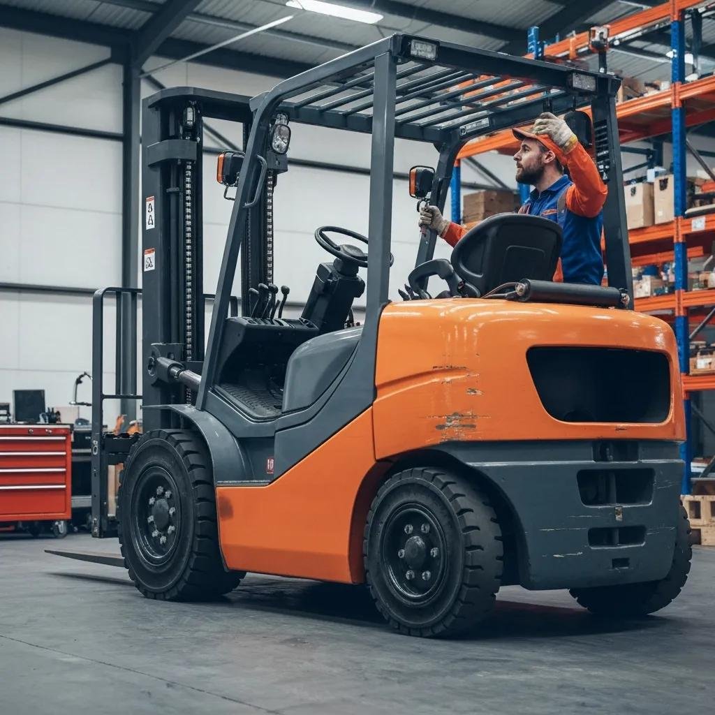 Technician inspecting a forklift in a warehouse, emphasizing maintenance and safety
