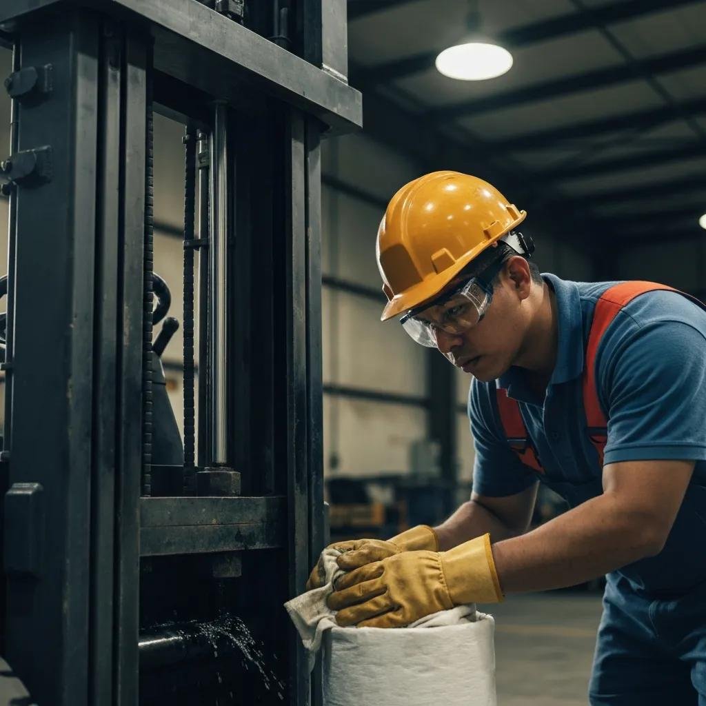 Technician managing hydraulic fluid leaks under a forklift mast, highlighting maintenance urgency
