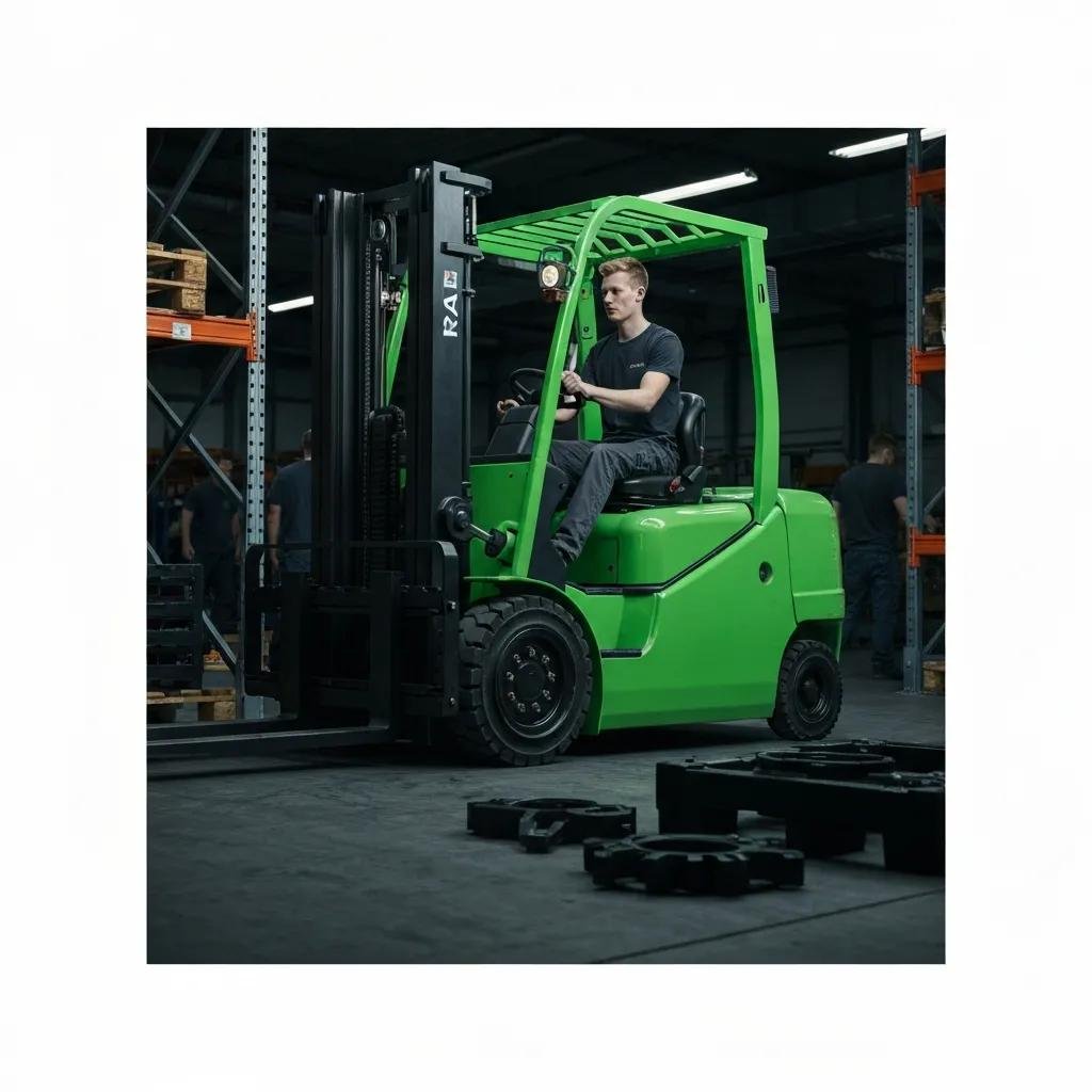 Technician repairing a forklift in a warehouse, highlighting emergency repair services