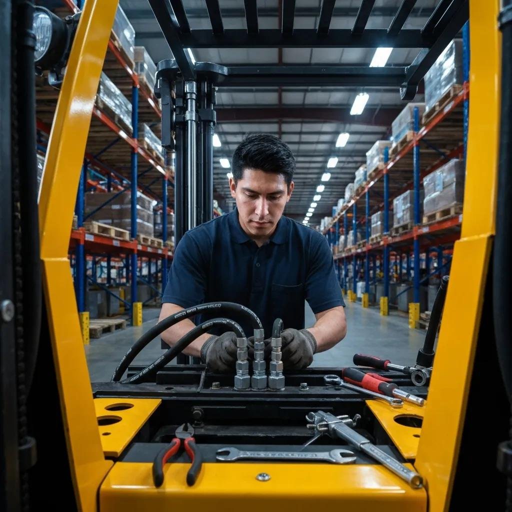 Technician repairing hydraulic system on a forklift in a warehouse