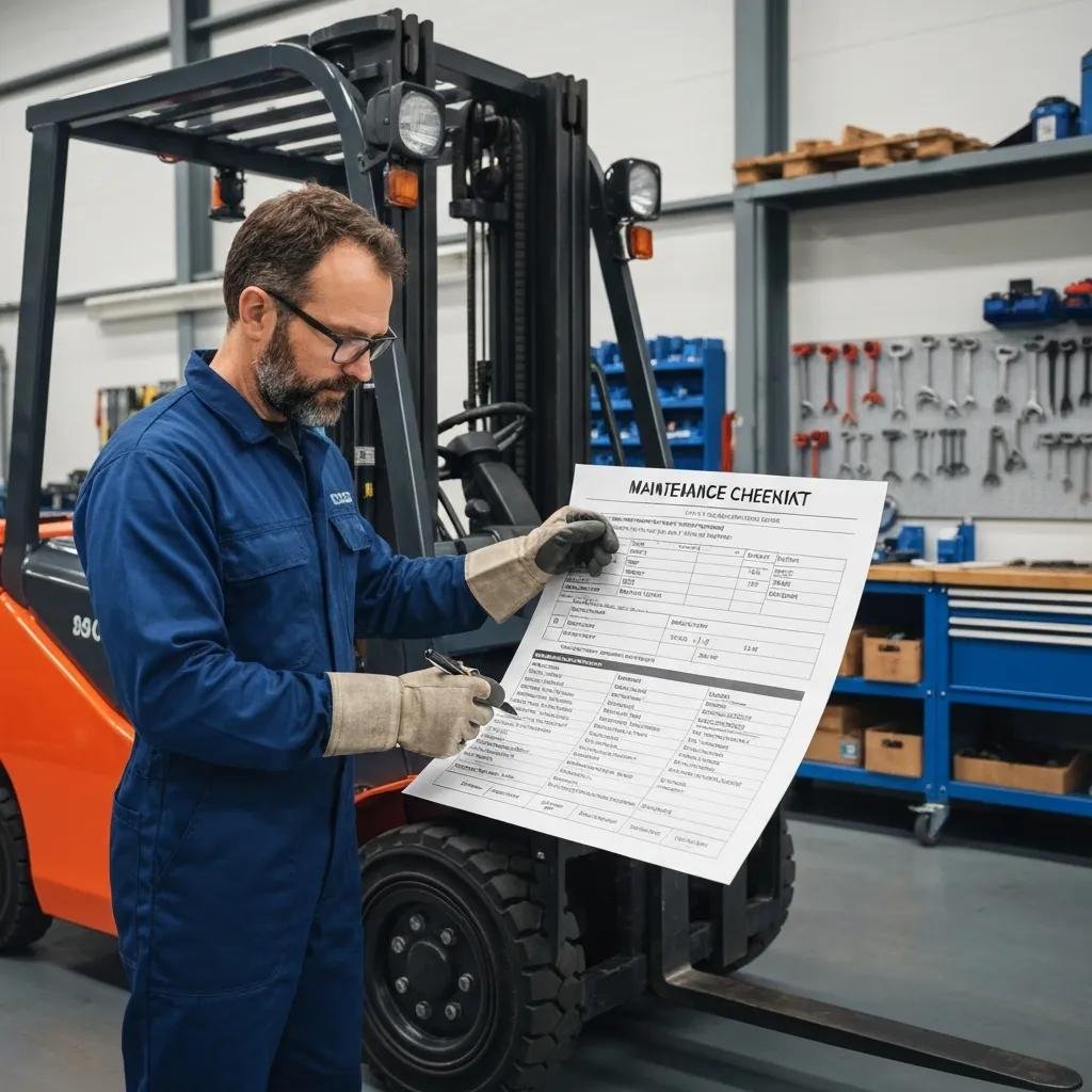Technician reviewing a forklift maintenance checklist, highlighting preventative maintenance practices for operational efficiency