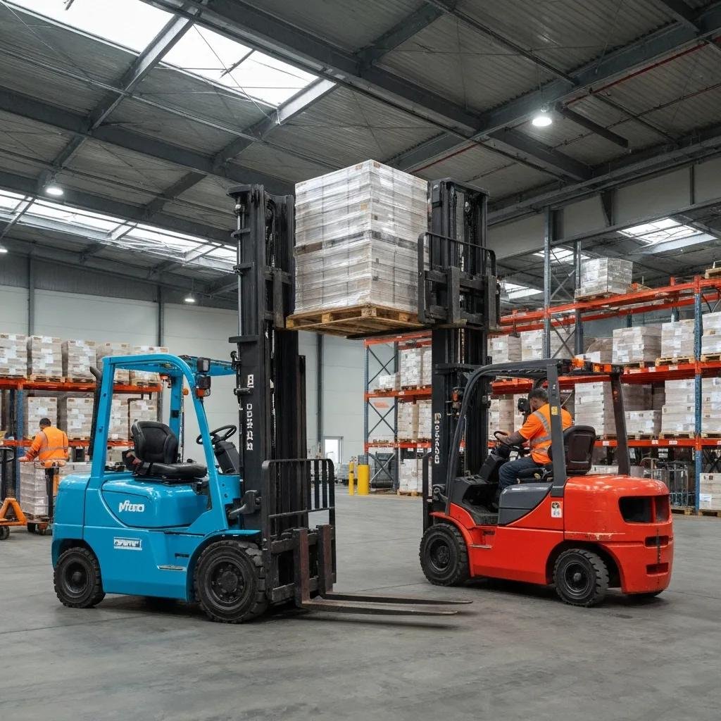 Two forklifts side by side illustrating basic and powertrain warranty differences
