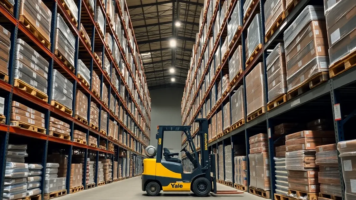 Yale forklift working warehouse racking aisles — Upright Forklift, Houston TX